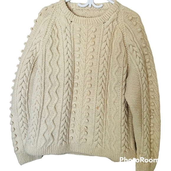 Hand knit Sweaters - VINTAGE Cable Knit Icelandic-Chunky-hand-knitted-Beige-Fisherman-Sweater…